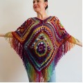 Red Violet Granny Square Crochet Poncho with Fringe Boho Women Wrap Multicolor - Wool Knit Triangle Poncho - Designer Ponchos & Capes