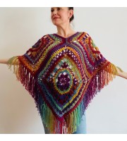 Red Violet Granny Square Crochet Poncho with Fringe Boho Women Wrap Multicolor - Wool Knit Triangle Poncho - Designer Ponchos & Capes