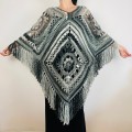 Black Crochet Granny Square Boho Wool Poncho with Fringes - Women's Designer Ponchos & Capes - Gray White Ombre Multicolor Poncho