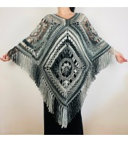 Black Crochet Granny Square Boho Wool Poncho with Fringes - Women's Designer Ponchos & Capes - Gray White Ombre Multicolor Poncho