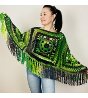 Women's Crochet Granny Square Boho Wool Poncho with Fringes - One Size Fits Small to Medium - One Size Fits Large to Extra Large - Green Black Ombre 