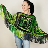 Women's Crochet Granny Square Boho Wool Poncho with Fringes - One Size Fits Small to Medium - One Size Fits Large to Extra Large - Green Black Ombre 