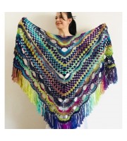 Blue Triangle Shawl Fringe Wool shawl and Wraps Multicolor crochet shawl Festival shawl knit wrap shoulder wrap winter