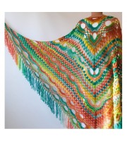 Green Shawl Fringe, Burnt orange Hand Knit lace triangle plus size Wool Wraps, Crochet Evening Hippie festival Scarf Multicolor