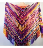 Violet Crochet Shawl Wrap Fringe Burnt Orange Triangle Boho Shawl Colorful Rainbow Shawl Big Multicolor Hand Knitted Shawl Evening Shawl