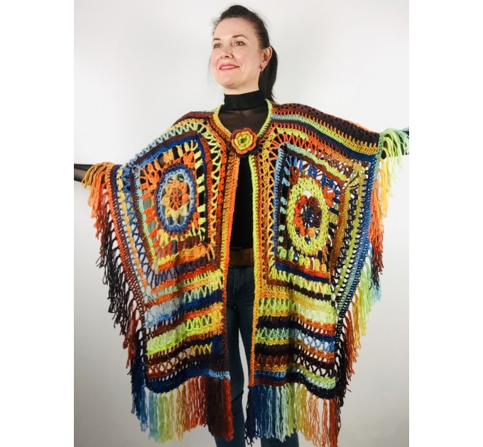 Rainbow wool fringe cape poncho crochet blanket poncho hippie