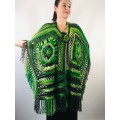 Knit poncho green wool cape poncho fringe crochet blanket poncho rainbow hippie poncho unisex poncho wrap multicolor mexico poncho