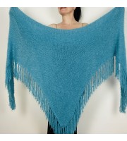 Turquoise Evening Wedding Shawl Fuzzy Warm Triangle Knit Bridal Shoulders Wrap With Pin Brooch 