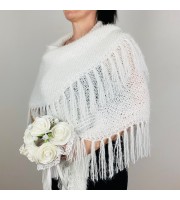 White Wedding Shawl With Fringe Faux Fur Fuzzy Triangle Evening Bridal Shoulders Wrap With Pin Brooch