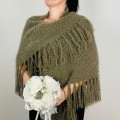 Khaki Triangle Evening Shawl Women's Fuzzy Warm Knit Shoulders Wrap With Pin Brooch Green Scarf With Fringe