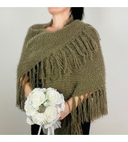 Khaki Triangle Evening Shawl Women's Fuzzy Warm Knit Shoulders Wrap With Pin Brooch Green Scarf With Fringe