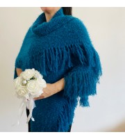 Petrol Wedding Shawl With Pin Brooch Knit Fuzzy Bridal Shoulder Wrap Triangle Bride Scarf With Fringe