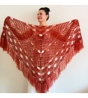 Burnt Orange Bridal Shawl Fringe, Wedding Shawl Mohair Bridesmaid Gift Triangle Wrap Evening Hand Knit scarf