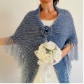 Light blue bridal wool triangle shawl fringe mohair warm knit shoulder wrap winter crochet wedding shawl large pashmina anniversary gift