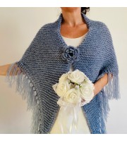 Light blue bridal wool triangle shawl fringe mohair warm knit shoulder wrap winter crochet wedding shawl large pashmina anniversary gift