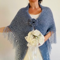 Light blue bridal wool triangle shawl fringe mohair warm knit shoulder wrap winter crochet wedding shawl large pashmina anniversary gift