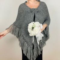 Gray Wedding Bridal Shawl With Fringe Mother Of Bride Shoulder Wrap Mohair Wool Triangle Scarf