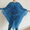 Turquoise woman poncho fringe Emerald wool cape cover up Hippie poncho women granny square poncho Blue wrap anniversary gift wife mom sister