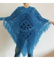 Turquoise woman poncho fringe Emerald wool cape cover up Hippie poncho women granny square poncho Blue wrap anniversary gift wife mom sister