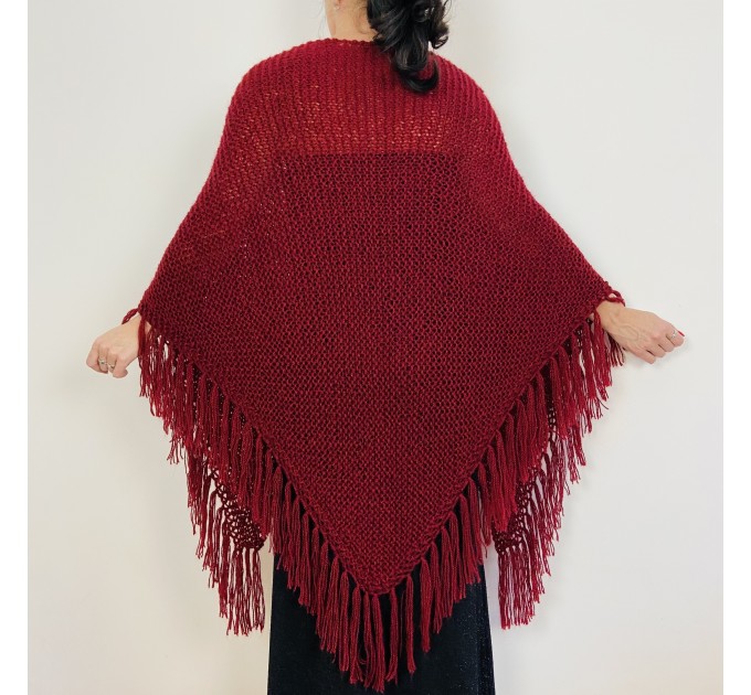 Burgundy winter bridal shawl knit shoulder wrap wool triangle shawl fringe  mohair bride shawl wedding shawl anniversary gift mom wife her