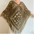 Women Poncho, Wool Poncho, Plus Size Poncho, Alpaca Poncho, Taupe Shawl, Crochet Winter Warm Fringe Poncho, Fall Knit Poncho