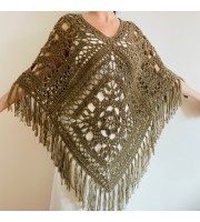 Women Poncho, Wool Poncho, Plus Size Poncho, Alpaca Poncho, Taupe Shawl, Crochet Winter Warm Fringe Poncho, Fall Knit Poncho