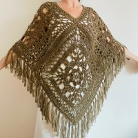 Women Poncho, Wool Poncho, Plus Size Poncho, Alpaca Poncho, Taupe Shawl, Crochet Winter Warm Fringe Poncho, Fall Knit Poncho