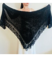 Black Wedding Shawl, Bridal Shawl, Alpaca Shawl, Plus Size Bride Shawl, Knit Shoulders Wrap, Cashmere Shawl, Triangle Fringe Shawl Crochet