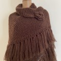 Wedding Shawl With Brooch, Bridal Evening Shawl, Plus Size Bride Shawl, Triangle Alpaca Shawl, Brown Knit Shoulders Wrap