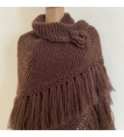 Wedding Shawl With Brooch, Bridal Evening Shawl, Plus Size Bride Shawl, Triangle Alpaca Shawl, Brown Knit Shoulders Wrap