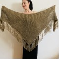 Wedding Shawl, Bridal Wrap, Alpaca Shawl, Brown Wool Knit Shoulders Wrap, Plus Size Bride Shawl, Bridesmaid Shawl, Triangle Fringe Shawl