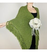 Green Bridal Shawl With Fringe Evening Warm Wedding Wrap Triangle Knit Shoulder Wrap