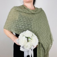 Olive green wedding shawl fringe, bridal pashmina scarf, bride cover up, knitted rectangular shawl, almond bridesmaid wrap