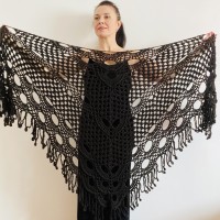 Black lace shawl fall winter wool triangle shawl fringe bridal party shawl wedding knit warm shoulder Wrap bridesmaid shawl bridal cover up