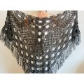 Black silver wedding wool shawl metallic bridal shawl dark gray women fringe shawl bride shawl plus size crochet triangle shawl