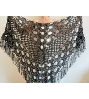 Black silver wedding wool shawl metallic bridal shawl dark gray women fringe shawl bride shawl plus size crochet triangle shawl