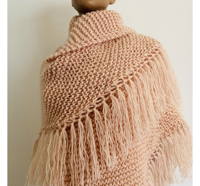Champagne triangle wool shawl fringe mohair warm knit shoulder wrap winter crochet plus size bridal shawl large pashmina anniversary gift