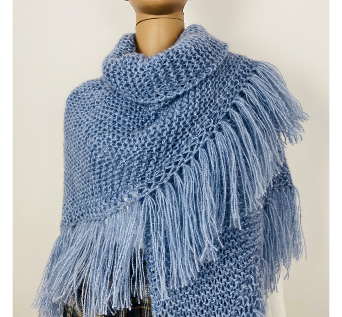 Light blue bridal wool triangle shawl fringe mohair warm knit shoulder wrap winter crochet wedding shawl large pashmina anniversary gift