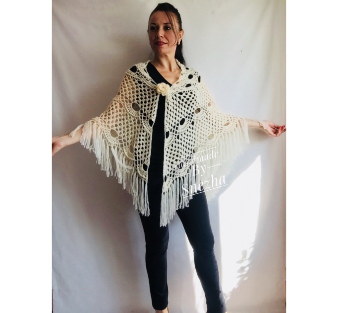 Ivory Crochet Shawl Wrap Mohair Fringe Big Size Triangle Shawl Hand ...