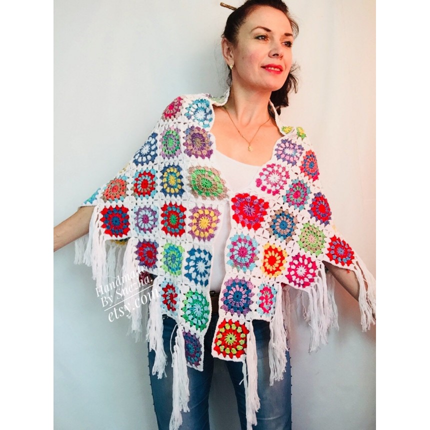 Granny Square Shawl Hand Knit Crochet Shawl Wraps Rainbow Fringe