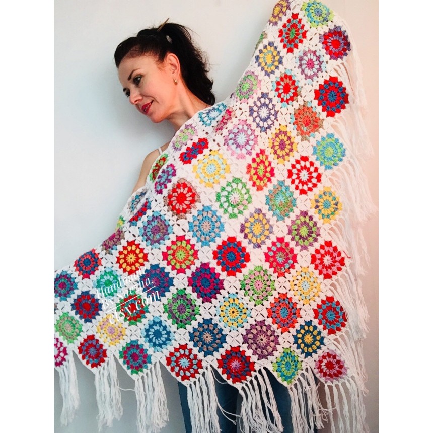 Granny Square Shawl Hand Knit Crochet Shawl Wraps Rainbow Fringe