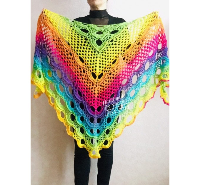 Crochet Shawl Rainbow Wraps Fringe T Brooch Mohair Triangular Scarf Colorful Knit Wool