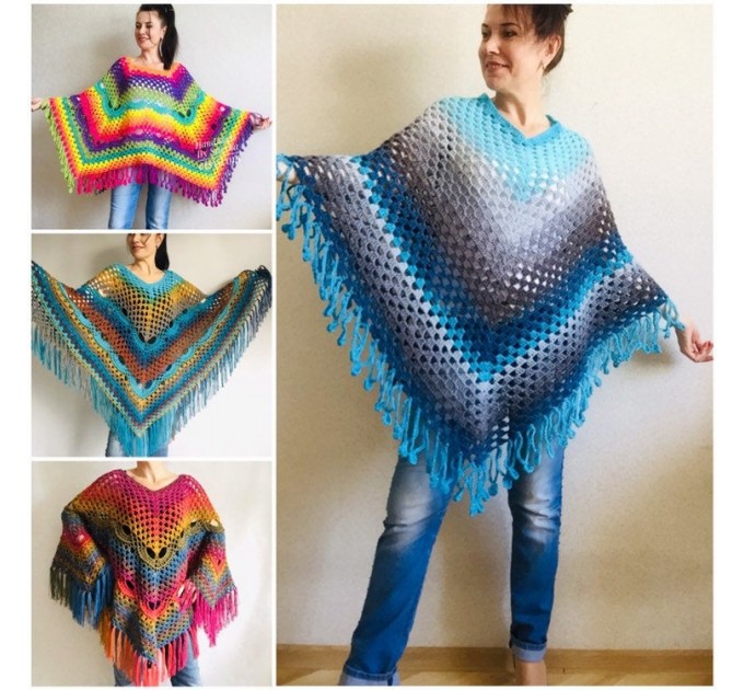 Blue Poncho Fringe Jacket, Rainbow Knit Poncho, Crochet Shawl Wraps ...