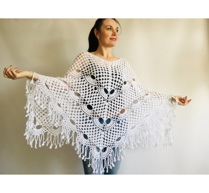 Crochet Poncho Handmade gift, White Spring poncho, Plus Sizes Vegan ...