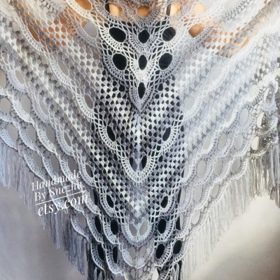 Gray Crochet Shawl Triangle Fringe Big Size Wrap gift brooch Alpaca Long Mohair Woman Bohemian Festi Hand Knit Shawl Black Granny