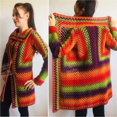 Burnt Orange Granny Square Knit Cardigan Women Wool Jacket Coat Green Violet Cardigan Rainbow Clothing Boho Open Front Long Cardigan