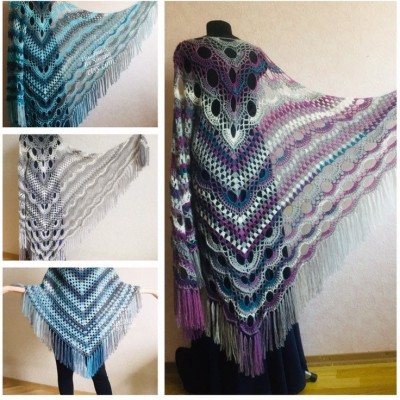 Crochet Poncho Women Fringe Mohair Big Size Maxi Triangle Shawl Gradient Blue Alpaca Long Hand knit Bohemian Festi Hand Knit Shawl