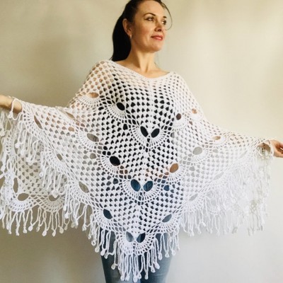 Poncho women, Prayer shawl men meditation Evening cover up Unisex Vegan festival clothing Plus size Crochet summer cape Fringe White Black