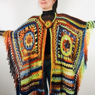Rainbow wool fringe cape poncho crochet blanket poncho hippie poncho multicolor mexico poncho unisex poncho wrap poncho cape coat