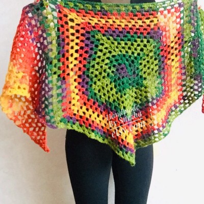 Burnt Orange shawl Granny square crochet triangle Chunky knit scarf Gift for women Mom birthday gift from daughter Gift-For-Her Rainbow